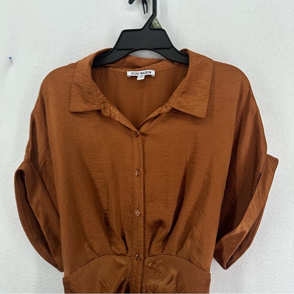 Steve Madden Satin Tie Waist Midi Shirt Dress Tori Mocha Bisque Size 14 - Picture 3 of 10